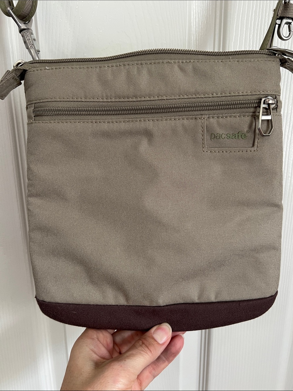 Pacsafe Taupe and Dark Brown Anti-Theft Crossbody Travel Bag